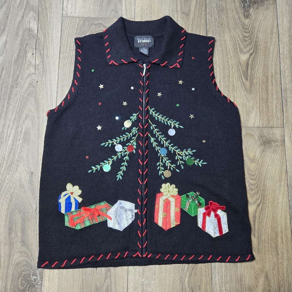 Vintage Studio Womans Full Zip Christmas Sweater Vest Size Medium Black